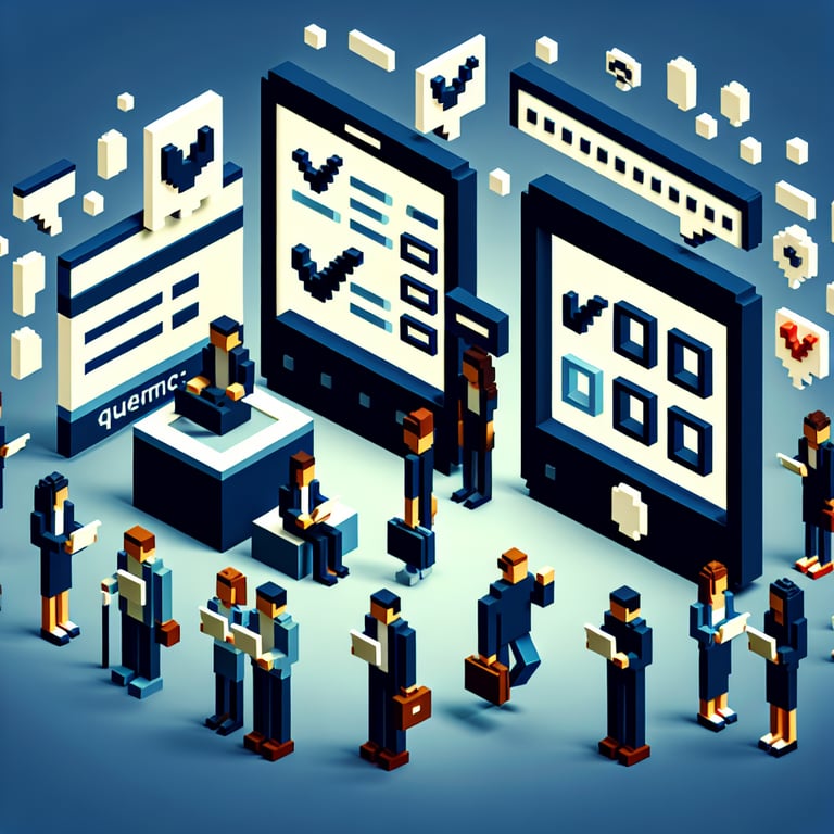 3D voxel art depicting online surveys with a dark blue background, symbolizing basic marketing surveys.