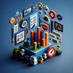 3D voxel art representing online surveys, set against a dark blue background for Nesta Innovation Index.