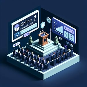 3D voxel art depicting online surveys, symbolizing post employee town hall survey questions.