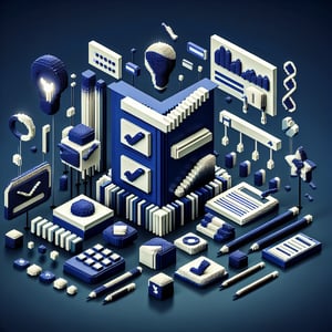 3D voxel art depicting the concept of online marketing survey questions on a dark blue background.