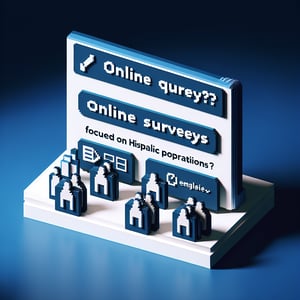 3D voxel art depicting online Hispanic surveys with a dark blue background.