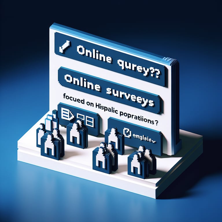 3D voxel art depicting online Hispanic surveys with a dark blue background.
