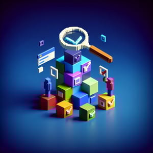 3D voxel art depicting online age survey process on a dark blue background.