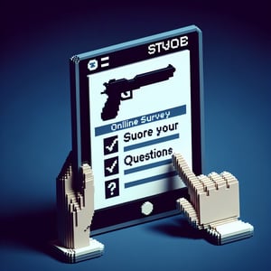 3D voxel art depicting online gun control survey, set against a dark blue background.