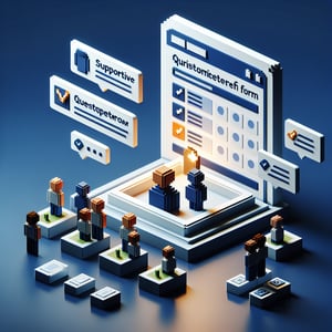 3D voxel art depicting the concept of online surveys for support groups, set against a dark blue background.