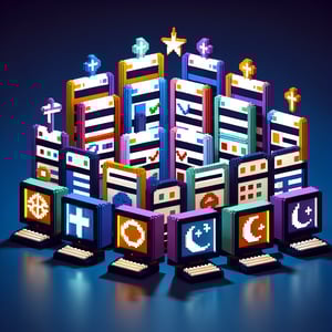 3D voxel art depicting the concept of online religion survey questions on a dark blue background.