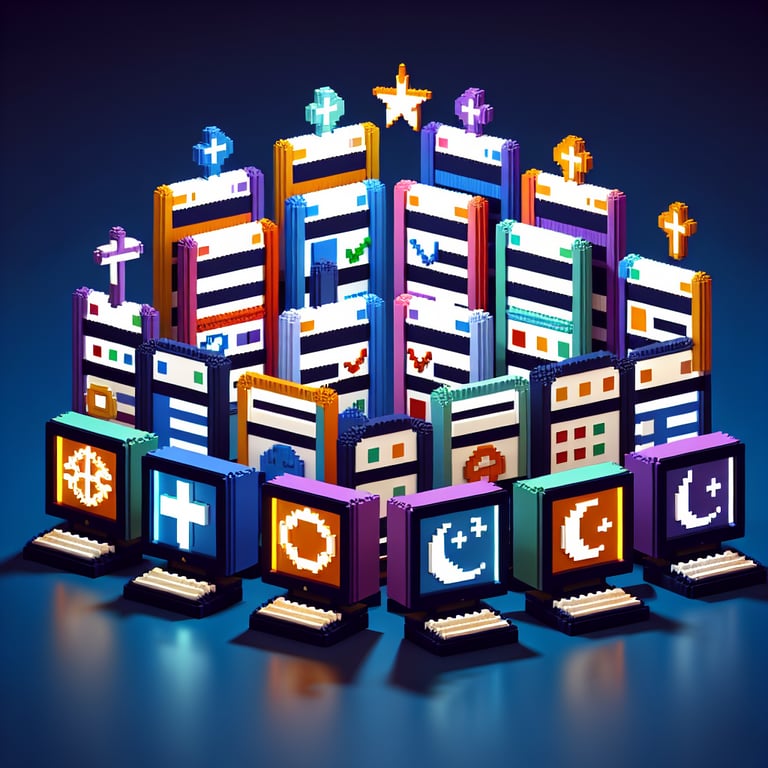 3D voxel art depicting the concept of online religion survey questions on a dark blue background.