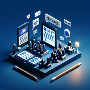 3D voxel art depicting online remote working surveys on a dark blue background.