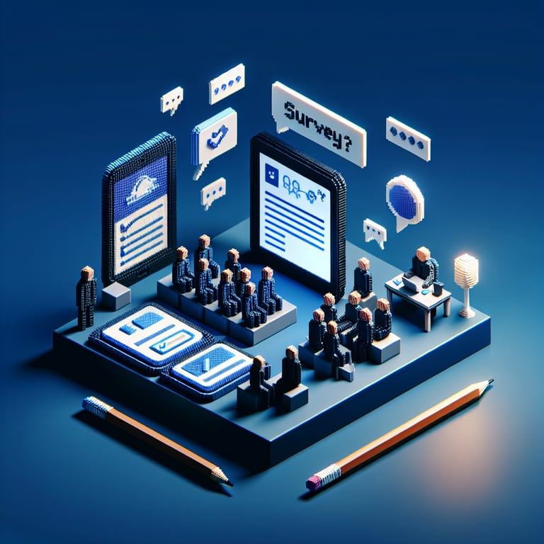 3D voxel art depicting online remote working surveys on a dark blue background.