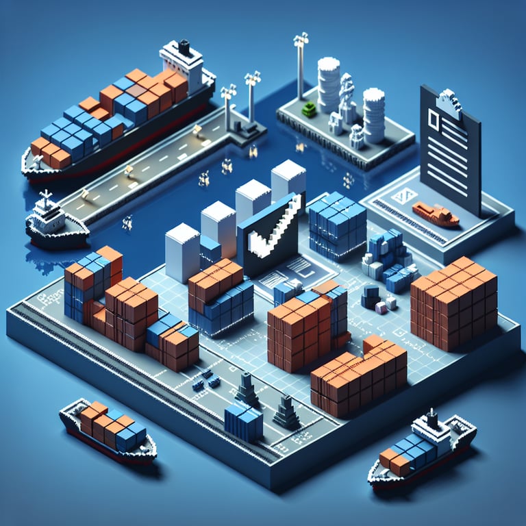 3D voxel art illustrating online shipping surveys with a dark blue background.