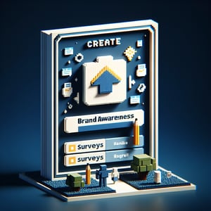 3D voxel art depicting online surveys, symbolizing brand awareness survey questions on a dark blue background.