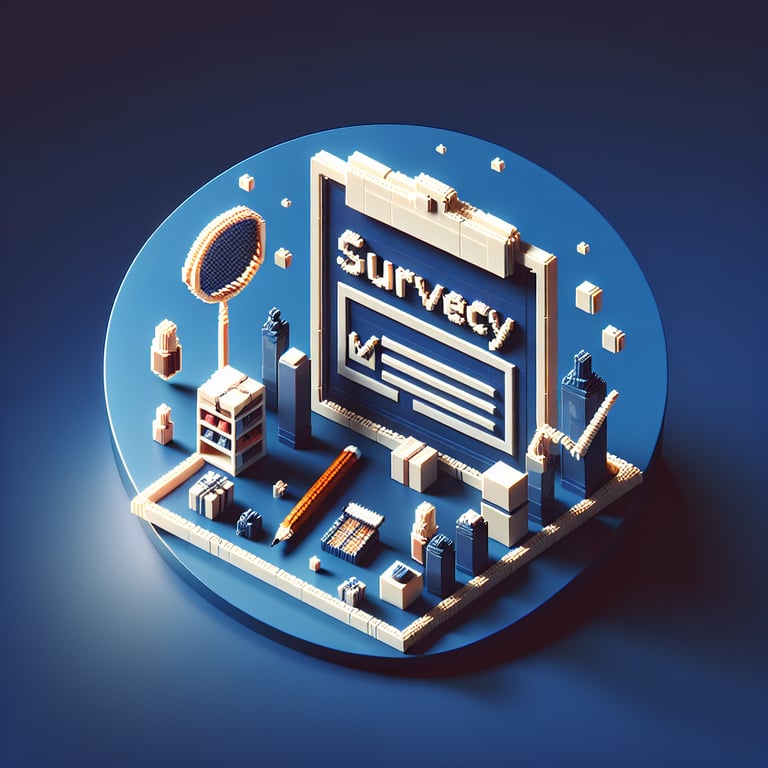 3D voxel art representing online cosmetics surveys on a dark blue background.