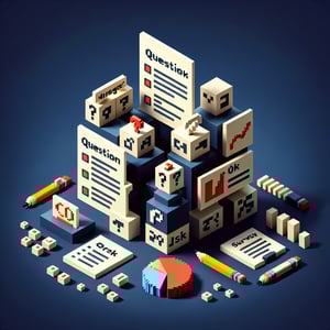 3D voxel art depicting online marketing research survey questions on a dark blue background.