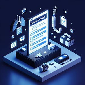 3D voxel art depicting online asthma survey concept on a dark blue background.