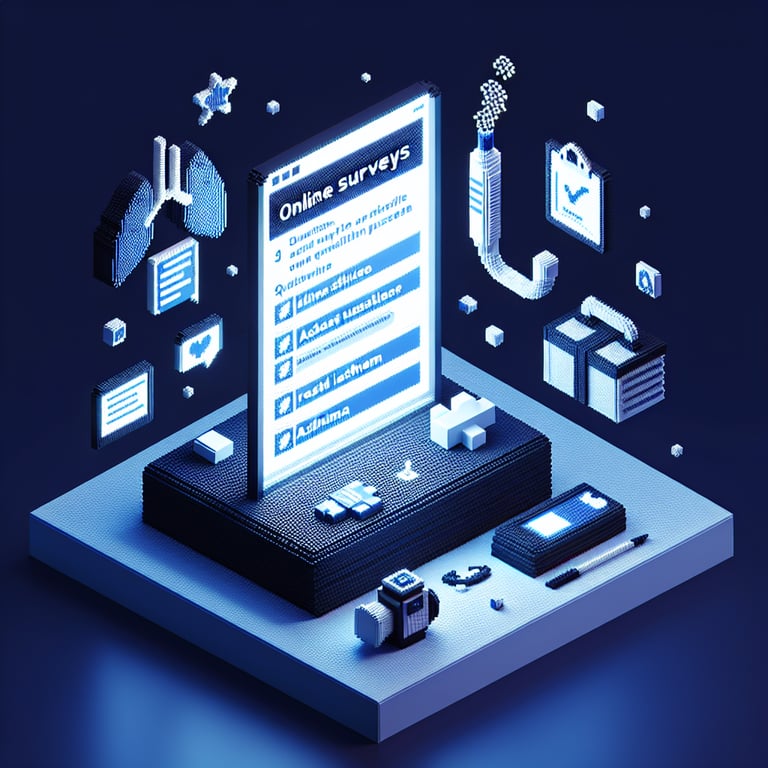 3D voxel art depicting online asthma survey concept on a dark blue background.