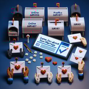 3D voxel art depicting online surveys on a dark blue background, representing same sex marriage postal surveys.