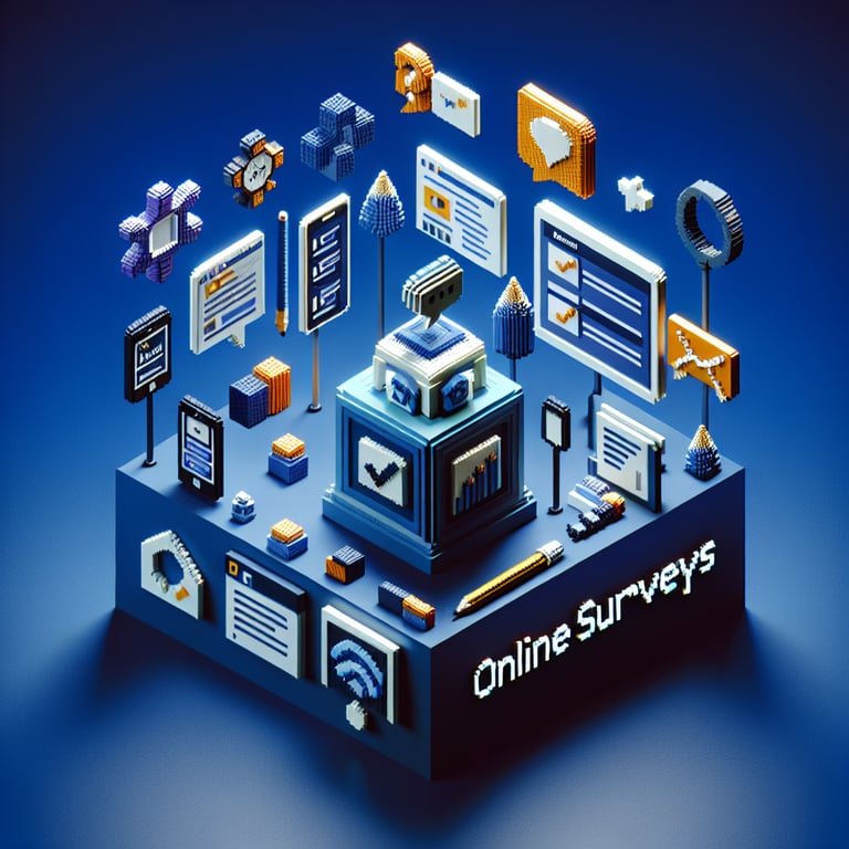 3D voxel art depicting online post-retreat surveys against a dark blue background.
