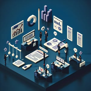 3D voxel art depicting online department performance surveys on a dark blue background.
