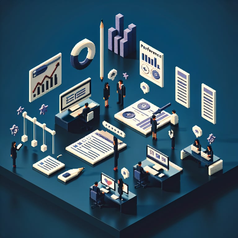 3D voxel art depicting online department performance surveys on a dark blue background.
