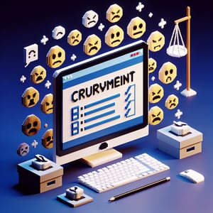 3D voxel art depicting the concept of online complaint survey questions on a dark blue background.
