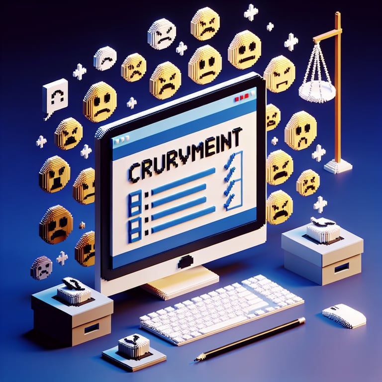 3D voxel art depicting the concept of online complaint survey questions on a dark blue background.