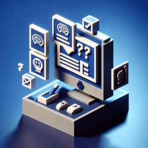 3D voxel art showcasing online surveys related to mental health and social media on a dark blue background.