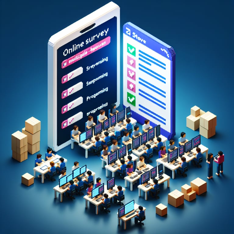 Creative 3D voxel graphic showing survey insights for a mobile application idea generator