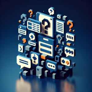 3D voxel art depicting the concept of total station survey interview questions, on a dark blue background.