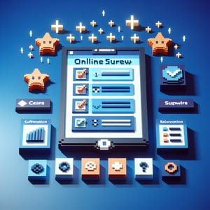 3D voxel art depicting online surveys and questions on a dark blue background for software evaluation.
