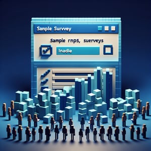 3D voxel art depicting online surveys, embodying the concept of sample NPS survey questions on a dark blue background.