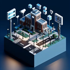3D voxel art depicting online campus safety survey with a dark blue background.