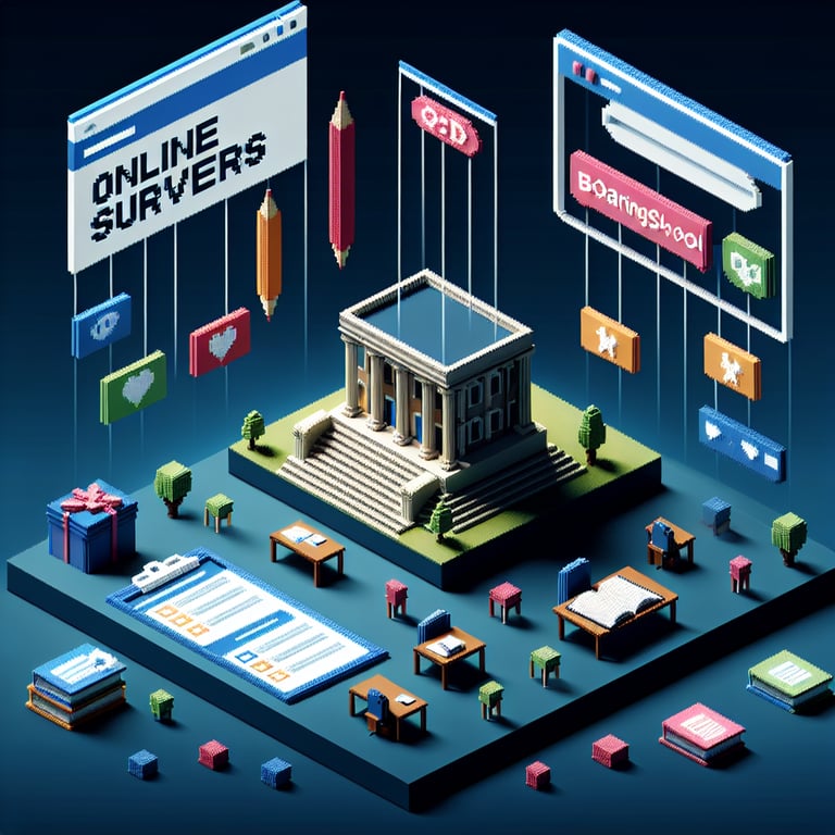 3D voxel art illustrating online boarding school surveys with a dark blue background.