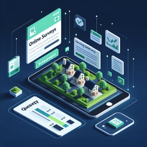 3D voxel art depicting online housing deficiency surveys, set against a dark blue background.