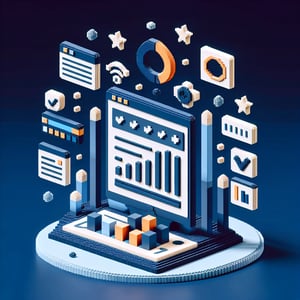 3D voxel art depicting online surveys, symbolizing frequency of use survey questions on a dark blue background.