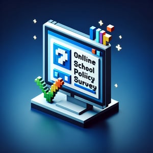 3D voxel art depicting online school policy surveys on a dark blue background.