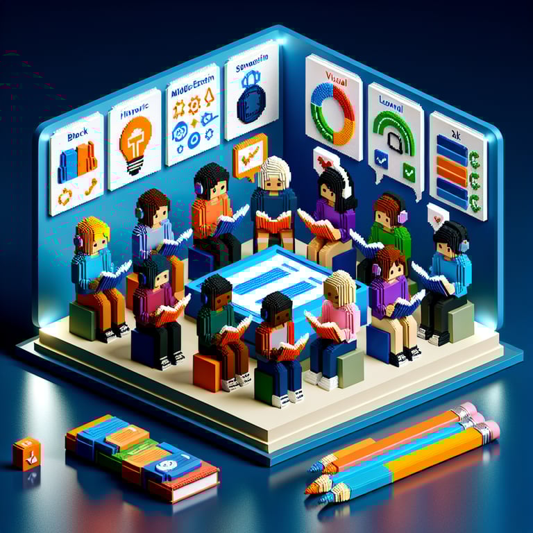 3D voxel art depicting online student learning style surveys on a dark blue background.