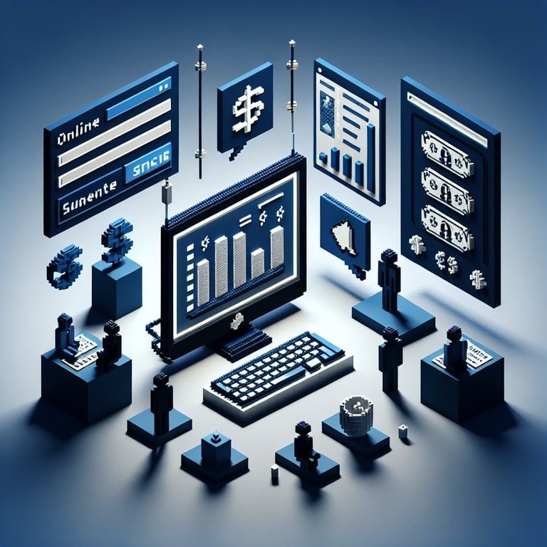 3D voxel art depicting online surveys about parental income on a dark blue background.