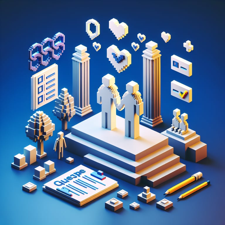 3D voxel art depicting online surveys on a dark blue background, representing same sex marriage surveys.