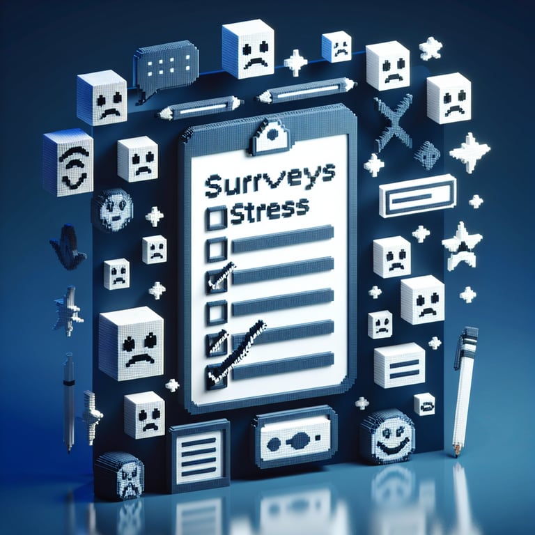 3D voxel art depicting online stress survey questions on a dark blue background.