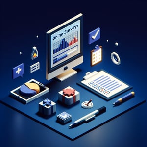 3D voxel art depicting online crisis management survey process on a dark blue background.