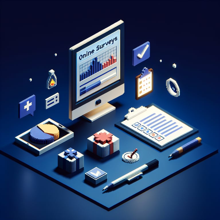 3D voxel art depicting online crisis management survey process on a dark blue background.