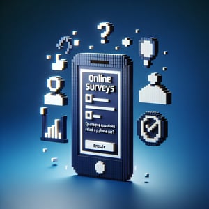 3D voxel art depicting online surveys on phone usage, with a dark blue background.