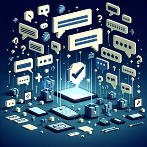 3D voxel art depicting the concept of online chat surveys on a dark blue background.