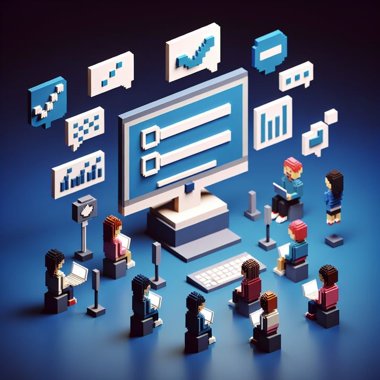 3D voxel art illustrating online surveys, ideal for student library surveys, set against a dark blue background.