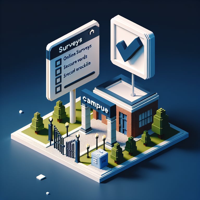 3D voxel art illustrating the concept of online campus safety surveys on a dark blue background.