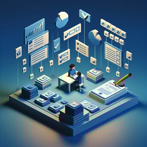 3D voxel art illustrating the concept of online educational research surveys on a dark blue background.