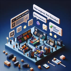 3D voxel art depicting online surveys, symbolizing retail marketing survey questions on a dark blue background.