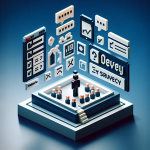 3D voxel art depicting online job departure surveys against a dark blue background.
