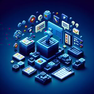 3D voxel art depicting the concept of online general social survey questions on a dark blue background.