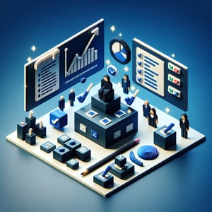 3D voxel art depicting the concept of online brand surveys on a dark blue background.